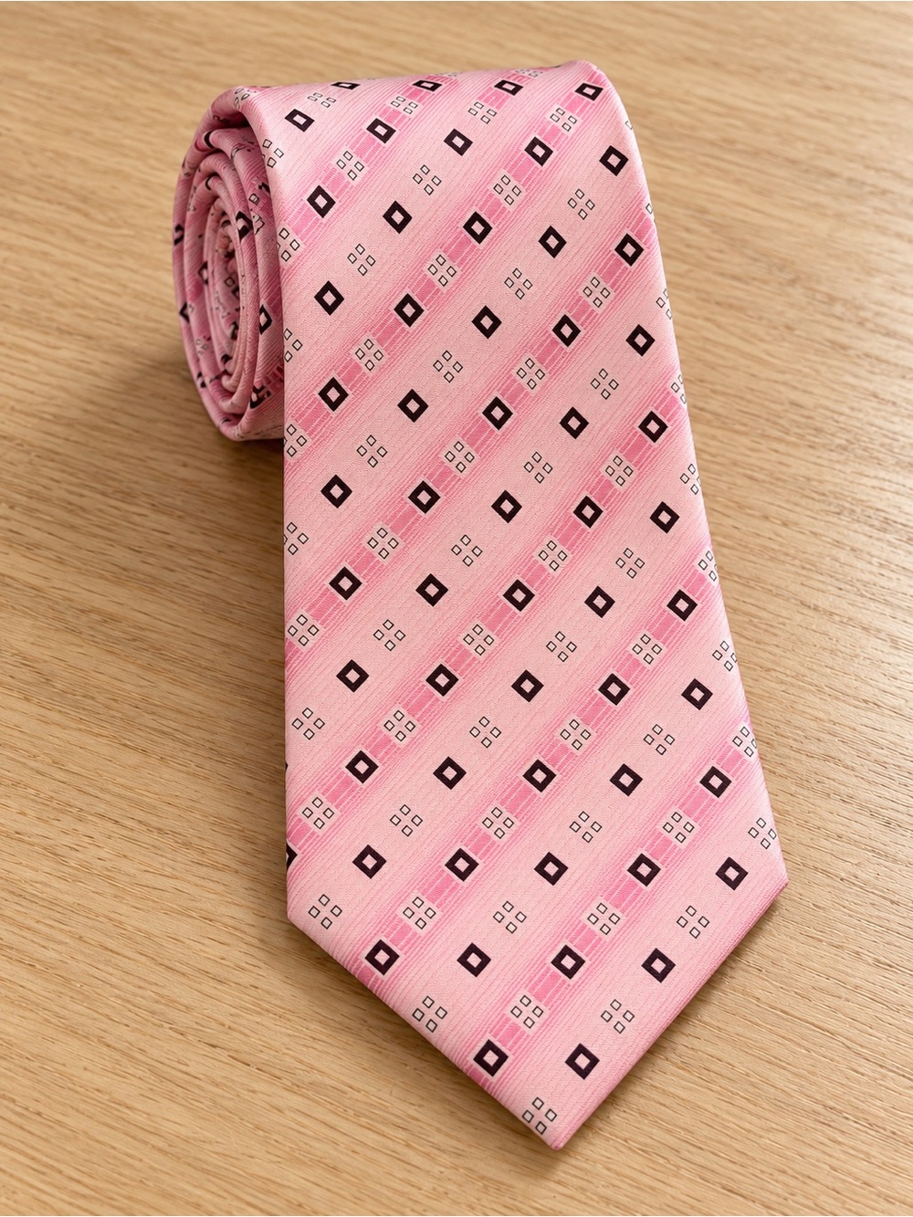 KAI LONG Men’s Woven 100% Silk Tie Pink Black White Geometric Handmade